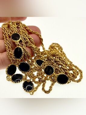 Vintage 1980s Korea Black Cabochon Gold Tone Rope Chain Long Station Necklace
